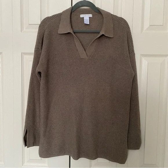 Wool Blend Knit Polo Sweater Women Long Sleeve V Neck Top With Collar - Picture 9 of 9